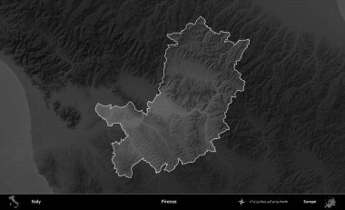 Firenze. İtalya 'nın idari alanı kararmış bir gri tonlama yükseklik haritasına vurgulandı ve özetlendi