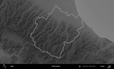 Forli-Cesena. İtalya 'nın idari bölgesi gri ölçekli bir yükselme haritasında özetlendi
