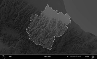 Forli-Cesena. İtalya 'nın idari alanı kararmış bir gri tonlama yükseklik haritasına vurgulandı ve özetlendi