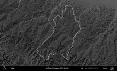 Unione dei comuni del Frignano. İtalya 'nın idari bölgesi gri ölçekli bir yükselme haritasında özetlendi