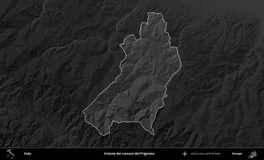 Unione dei comuni del Frignano. İtalya 'nın idari alanı kararmış bir gri tonlama yükseklik haritasına vurgulandı ve özetlendi