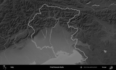 Friuli-Venezia Giulia. İtalya 'nın idari bölgesi gri ölçekli bir yükselme haritasında özetlendi