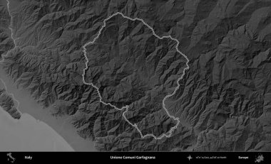 Unione Comuni Garfagnana. İtalya 'nın idari bölgesi gri ölçekli bir yükselme haritasında özetlendi