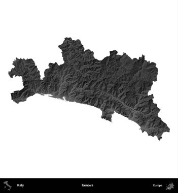 Cenova. İtalya 'nın idari bölgesi gri ölçekli yükseklik haritasında beyaza izole edildi