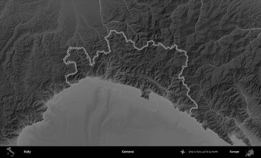 Cenova. İtalya 'nın idari bölgesi gri ölçekli bir yükselme haritasında özetlendi