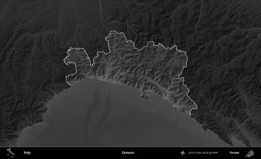 Cenova. İtalya 'nın idari alanı kararmış bir gri tonlama yükseklik haritasına vurgulandı ve özetlendi