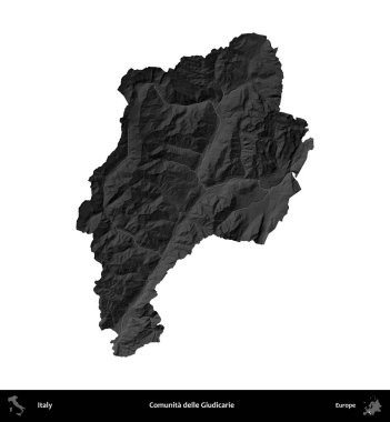 Comunita delle Giudicarie. İtalya 'nın idari bölgesi gri ölçekli yükseklik haritasında beyaza izole edildi