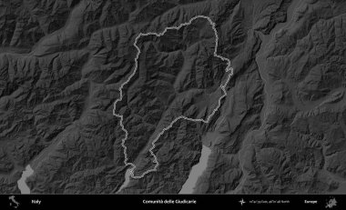 Comunita delle Giudicarie. İtalya 'nın idari bölgesi gri ölçekli bir yükselme haritasında özetlendi
