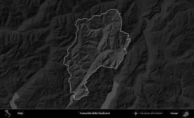 Comunita delle Giudicarie. İtalya 'nın idari alanı kararmış bir gri tonlama yükseklik haritasına vurgulandı ve özetlendi