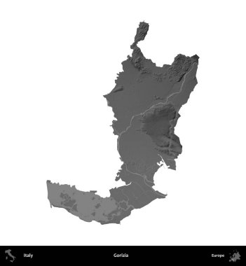 Gorizia. İtalya 'nın idari bölgesi gri ölçekli yükseklik haritasında beyaza izole edildi
