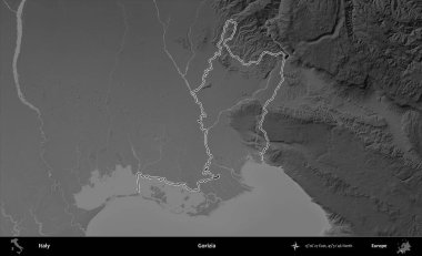 Gorizia. İtalya 'nın idari bölgesi gri ölçekli bir yükselme haritasında özetlendi