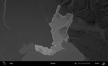Gorizia. İtalya 'nın idari alanı kararmış bir gri tonlama yükseklik haritasına vurgulandı ve özetlendi