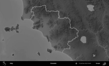 İğrençsin. İtalya 'nın idari bölgesi gri ölçekli bir yükselme haritasında özetlendi