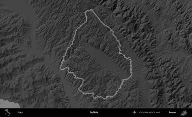Gubbio. İtalya 'nın idari bölgesi gri ölçekli bir yükselme haritasında özetlendi