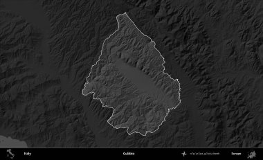 Gubbio. İtalya 'nın idari alanı kararmış bir gri tonlama yükseklik haritasına vurgulandı ve özetlendi