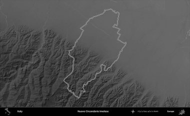 Nuovo Circondario Imolese. İtalya 'nın idari bölgesi gri ölçekli bir yükselme haritasında özetlendi