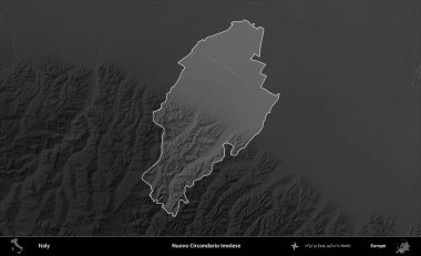 Nuovo Circondario Imolese. İtalya 'nın idari alanı kararmış bir gri tonlama yükseklik haritasına vurgulandı ve özetlendi