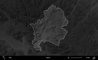 İsernia. İtalya 'nın idari alanı kararmış bir gri tonlama yükseklik haritasına vurgulandı ve özetlendi