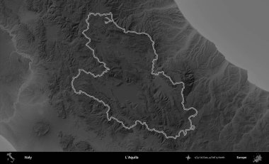 L'Aquila. İtalya 'nın idari bölgesi gri ölçekli bir yükselme haritasında özetlendi