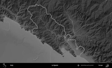 La Spezia 'da. İtalya 'nın idari bölgesi gri ölçekli bir yükselme haritasında özetlendi