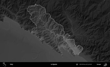 La Spezia 'da. İtalya 'nın idari alanı kararmış bir gri tonlama yükseklik haritasına vurgulandı ve özetlendi