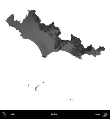Latin. İtalya 'nın idari bölgesi gri ölçekli yükseklik haritasında beyaza izole edildi