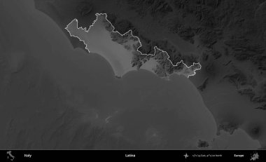 Latin. İtalya 'nın idari alanı kararmış bir gri tonlama yükseklik haritasına vurgulandı ve özetlendi