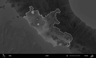 Lazio. İtalya 'nın idari alanı kararmış bir gri tonlama yükseklik haritasına vurgulandı ve özetlendi