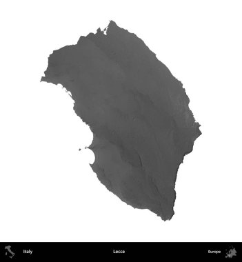 - Lecce. İtalya 'nın idari bölgesi gri ölçekli yükseklik haritasında beyaza izole edildi