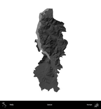 - Lecco. İtalya 'nın idari bölgesi gri ölçekli yükseklik haritasında beyaza izole edildi