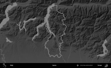 - Lecco. İtalya 'nın idari bölgesi gri ölçekli bir yükselme haritasında özetlendi