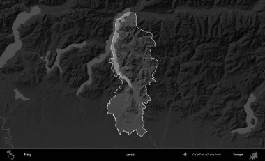 - Lecco. İtalya 'nın idari alanı kararmış bir gri tonlama yükseklik haritasına vurgulandı ve özetlendi