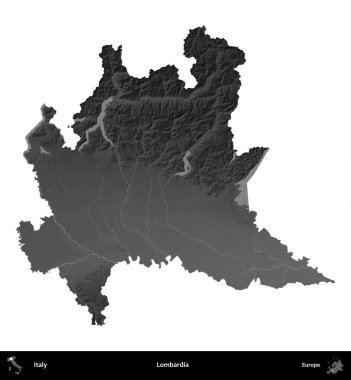 Lombardia 'da. İtalya 'nın idari bölgesi gri ölçekli yükseklik haritasında beyaza izole edildi