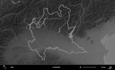 Lombardia 'da. İtalya 'nın idari bölgesi gri ölçekli bir yükselme haritasında özetlendi