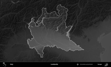 Lombardia 'da. İtalya 'nın idari alanı kararmış bir gri tonlama yükseklik haritasına vurgulandı ve özetlendi