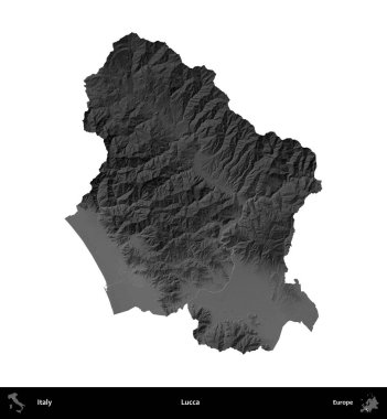 Lucca. İtalya 'nın idari bölgesi gri ölçekli yükseklik haritasında beyaza izole edildi