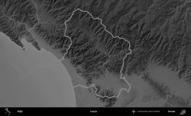 Lucca. İtalya 'nın idari bölgesi gri ölçekli bir yükselme haritasında özetlendi