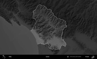 Lucca. İtalya 'nın idari alanı kararmış bir gri tonlama yükseklik haritasına vurgulandı ve özetlendi
