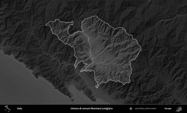 Unione di comuni Montana Lunigiana. İtalya 'nın idari alanı kararmış bir gri tonlama yükseklik haritasına vurgulandı ve özetlendi