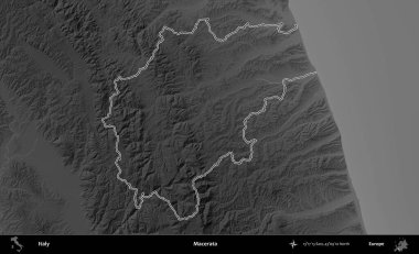 Macerata. İtalya 'nın idari bölgesi gri ölçekli bir yükselme haritasında özetlendi