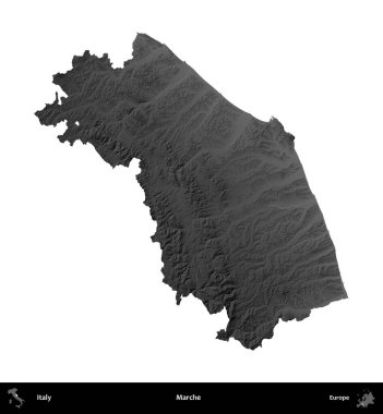 Marş. İtalya 'nın idari bölgesi gri ölçekli yükseklik haritasında beyaza izole edildi