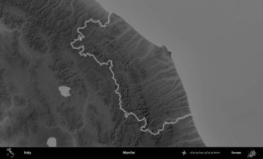 Marş. İtalya 'nın idari bölgesi gri ölçekli bir yükselme haritasında özetlendi
