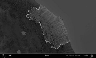 Marş. İtalya 'nın idari alanı kararmış bir gri tonlama yükseklik haritasına vurgulandı ve özetlendi