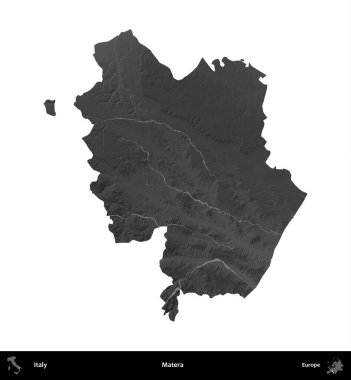 Matera. İtalya 'nın idari bölgesi gri ölçekli yükseklik haritasında beyaza izole edildi
