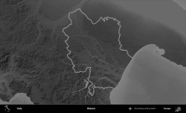 Matera. İtalya 'nın idari bölgesi gri ölçekli bir yükselme haritasında özetlendi