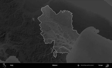 Matera. İtalya 'nın idari alanı kararmış bir gri tonlama yükseklik haritasına vurgulandı ve özetlendi