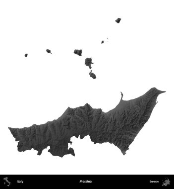 Messina. İtalya 'nın idari bölgesi gri ölçekli yükseklik haritasında beyaza izole edildi