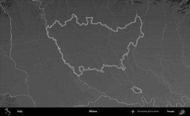Milano. İtalya 'nın idari bölgesi gri ölçekli bir yükselme haritasında özetlendi