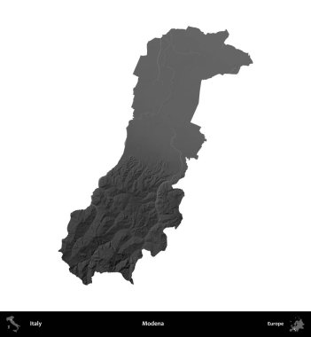 Modena. İtalya 'nın idari bölgesi gri ölçekli yükseklik haritasında beyaza izole edildi