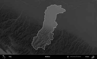 Modena. İtalya 'nın idari alanı kararmış bir gri tonlama yükseklik haritasına vurgulandı ve özetlendi